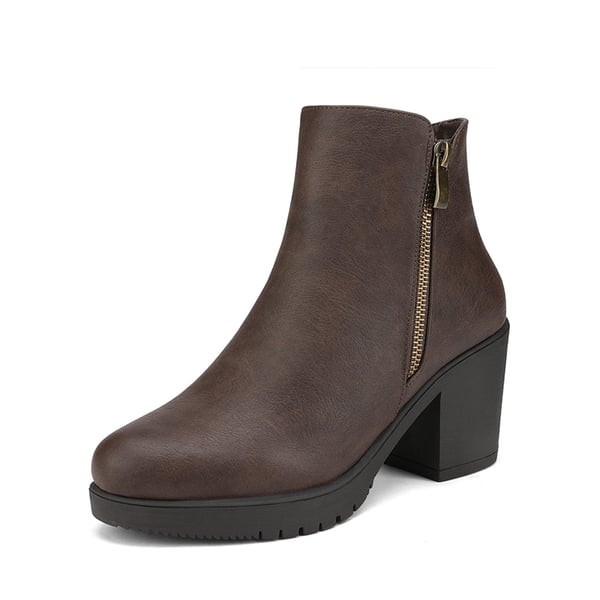 Comfortable Low Heel Chunky Ankle Boots - BROWN PU -  0